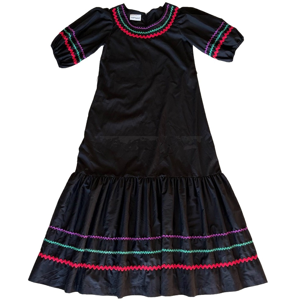 VTG‎ Impressions Maxi Dress M Black Rickrack Cottagecore Hippie Bohemian Retro